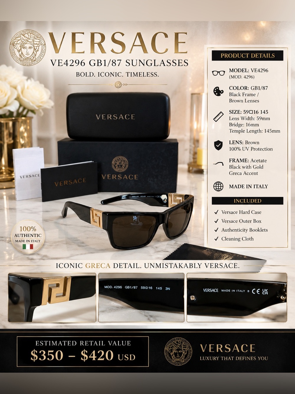 Versace Black Gold Greca Sunglasses w/ Case & Box | Made in Italy | MSRP $420